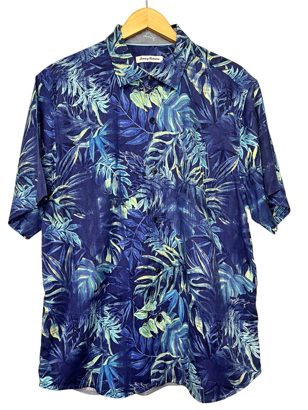 Tommy Bahama Silk Tropical Leaf Print Camp Shirt Men Large Navy Blue Vacation